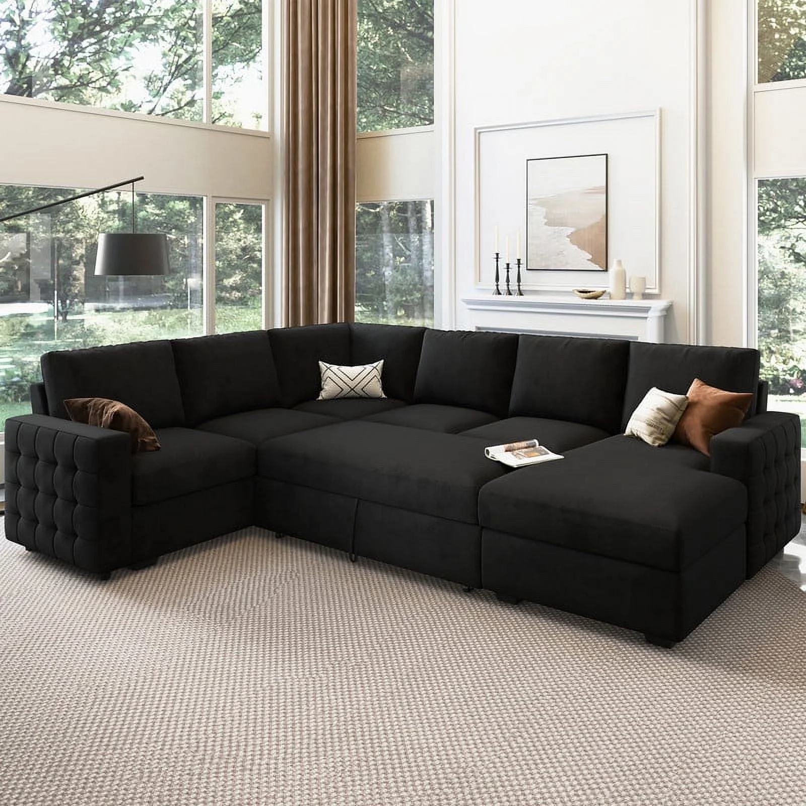 HONBAY Modular Sectional Pull-Out Sofa Bed with Storage Velvet U-Shaped Convertible Sleeper Sofa for Living Room, Blue - Image 16