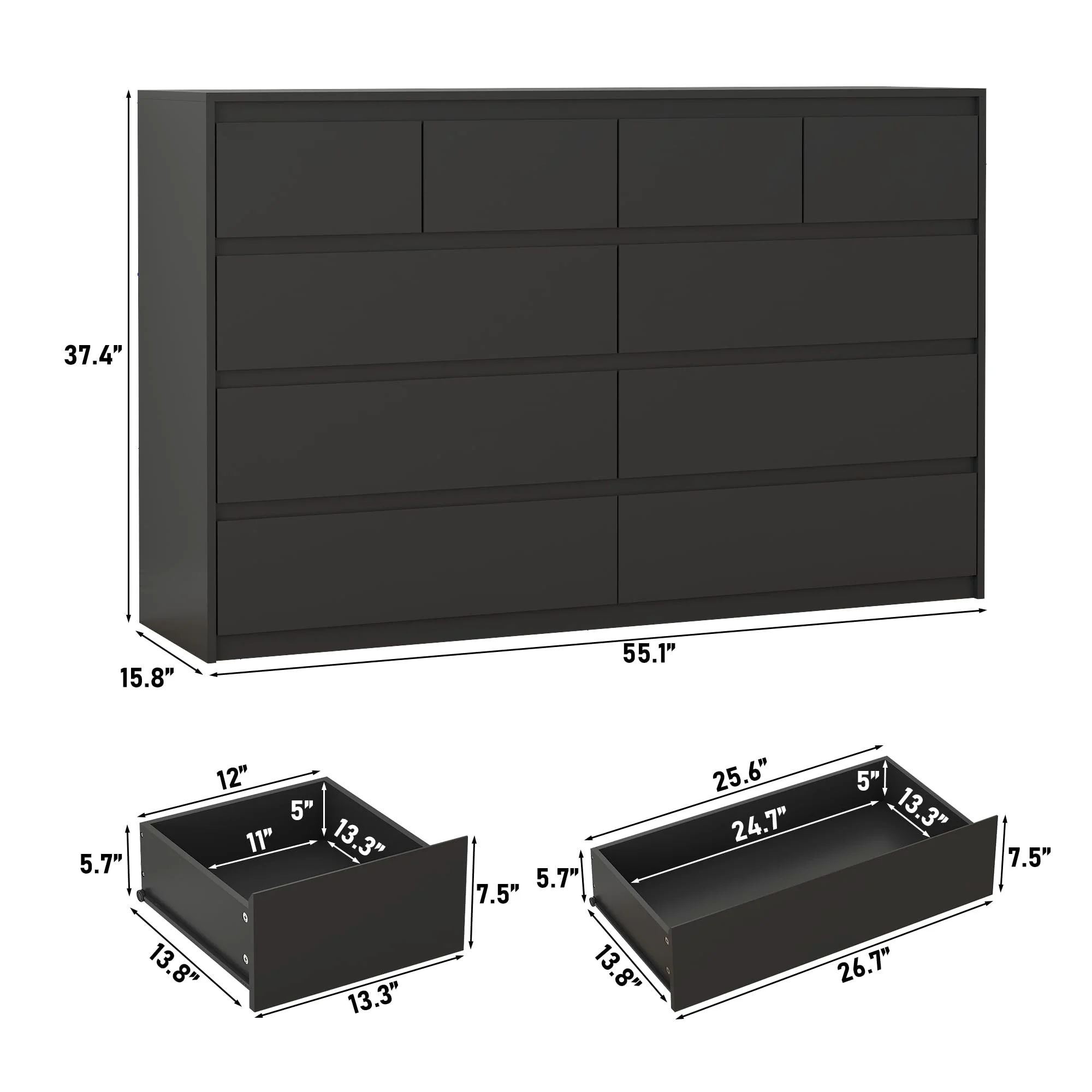 ChVans Black 9 Drawers Dresser with Charging Station, 63" Long Modern Dresser with 9 Drawers for Bedroom, Large Wood Chest of Drawers Handle Free, Dresser for Bedroom, Living Room, Hallway - Image 23