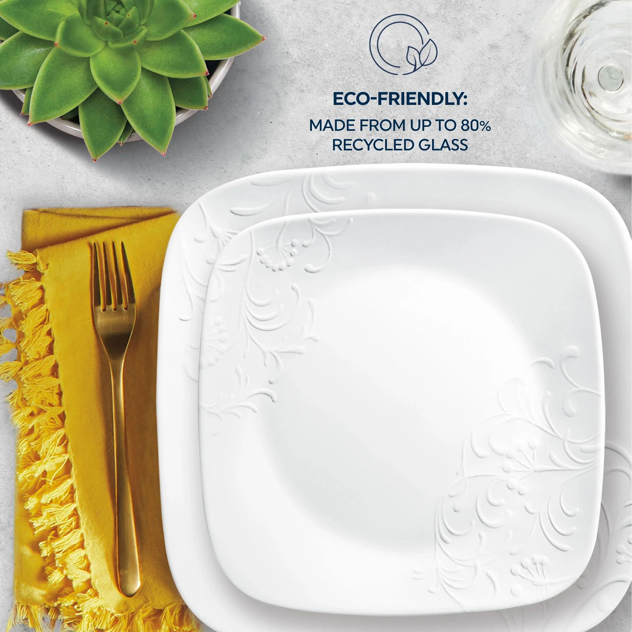 Corelle Cherish 16-Piece Embossed Square Glass Dinnerware Set (Service for 4) - Image 4
