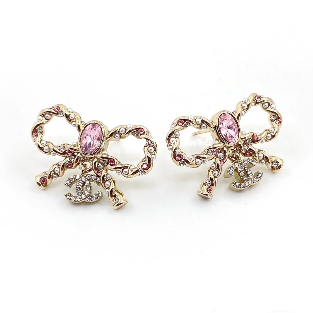 Chanel Pink Rhinestone Bow Brooch Earrings - Original Replica Club