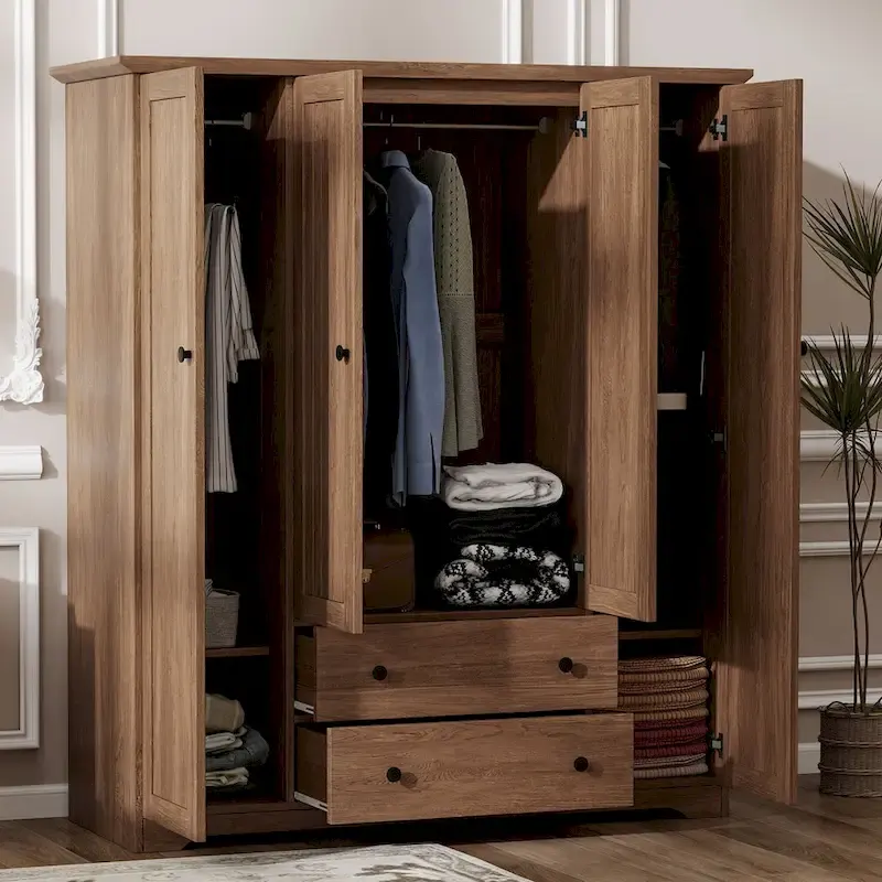 Freestanding 4-Door Wardrobe Armoire with 2 Drawers and Hanging Rods for Clothes Storage