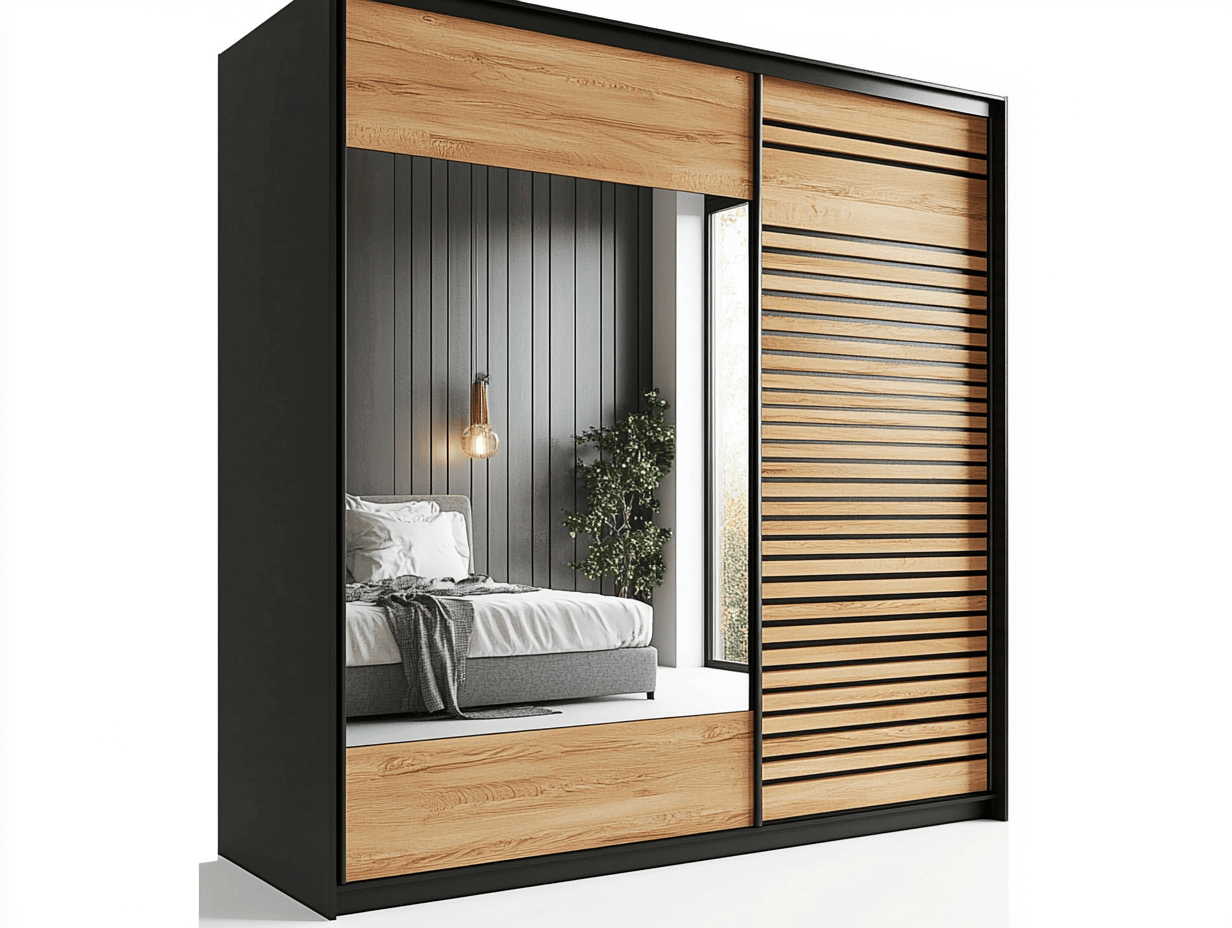 Armario moderno con puertas correderas espejo y diseño en lamas de roble