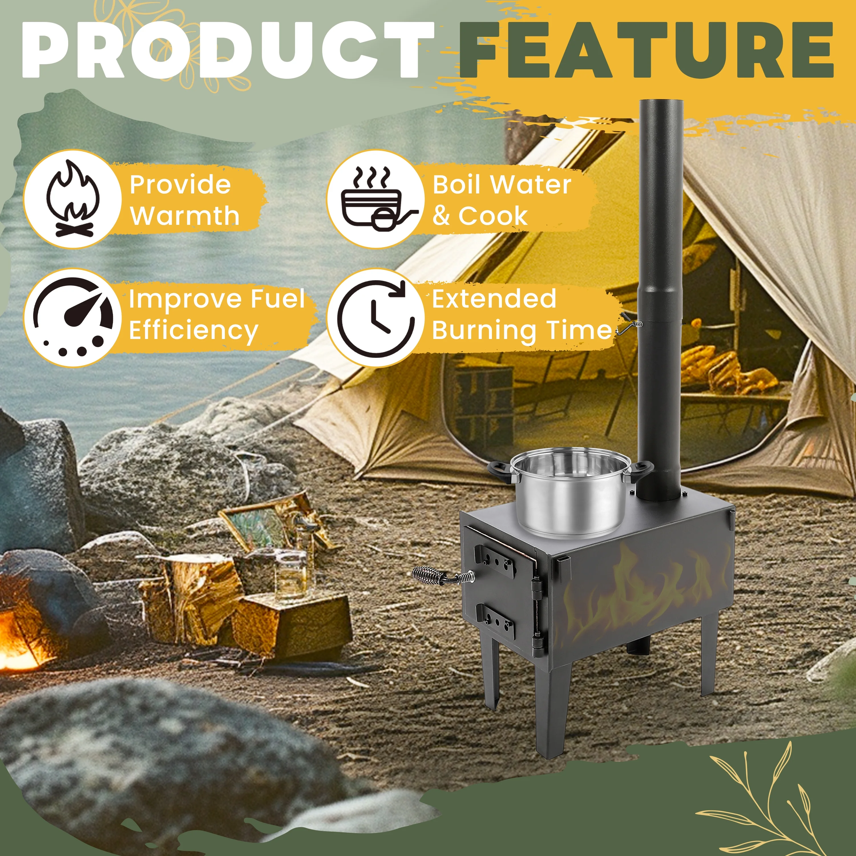 Kojem Wood Burning Stove Tent Camping Stove for Outdoor Cooking Fishing Hiking Travel Portable Heater W/Storable Chimney Pipes - Image 4