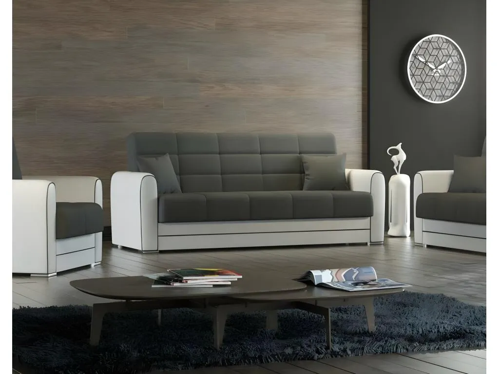 Sofá cama Decopractico Sofá cama contenedor de 3 plazas en ecopiel y tela Sofá de salón en tela acolchada con apertura clic-Decopractico 220x84h91 cm Blanco AVSI68540