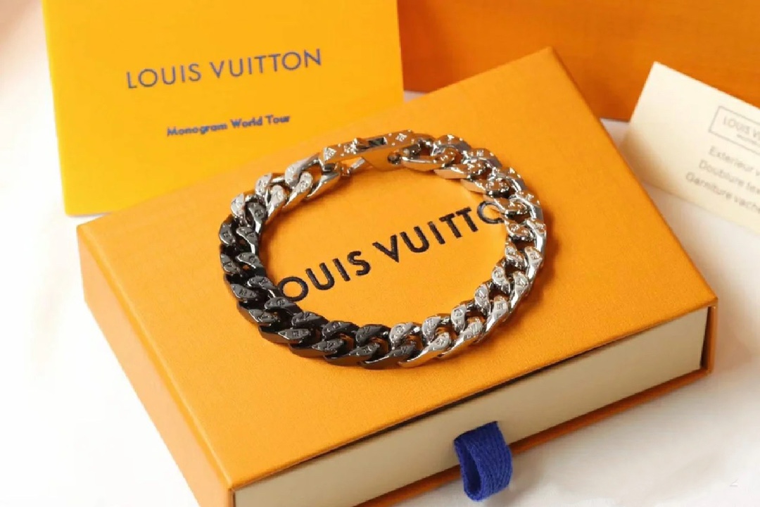 Louis Vuitton Silver Black Cuban Monogram Mens Bracelet - Original Replica Club