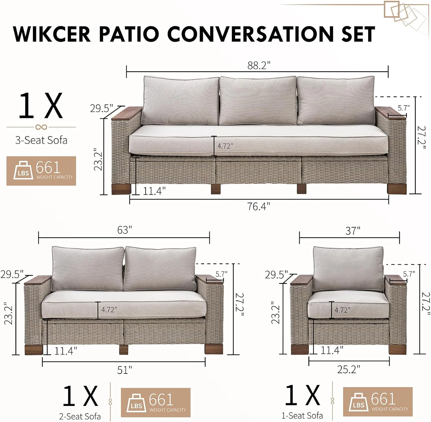 Jocisland Patio Furniture Set, 6 Piece Modular Rattan Outdoor Sectional Set with Washable Cushions, 3-Seat Outdoor Couch, 1 Loveseat, 1 Single Chair for Lawn Deck Backyard Garden, Beige - Image 10