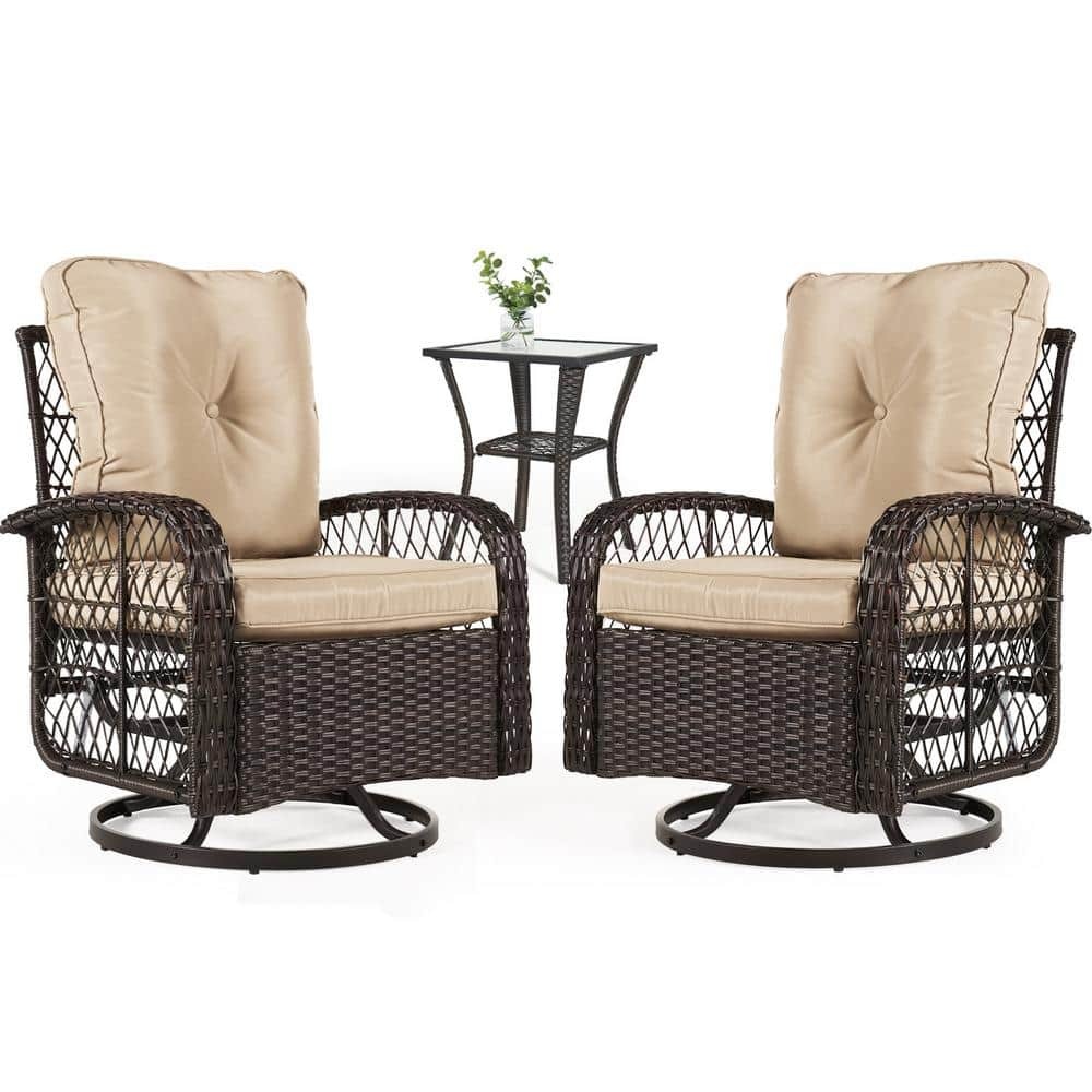 WAYFAIR 3-Piece Brown Wicker Outdoor Rocking Chair Set Outdoor Swivel Chairs With Cushions
