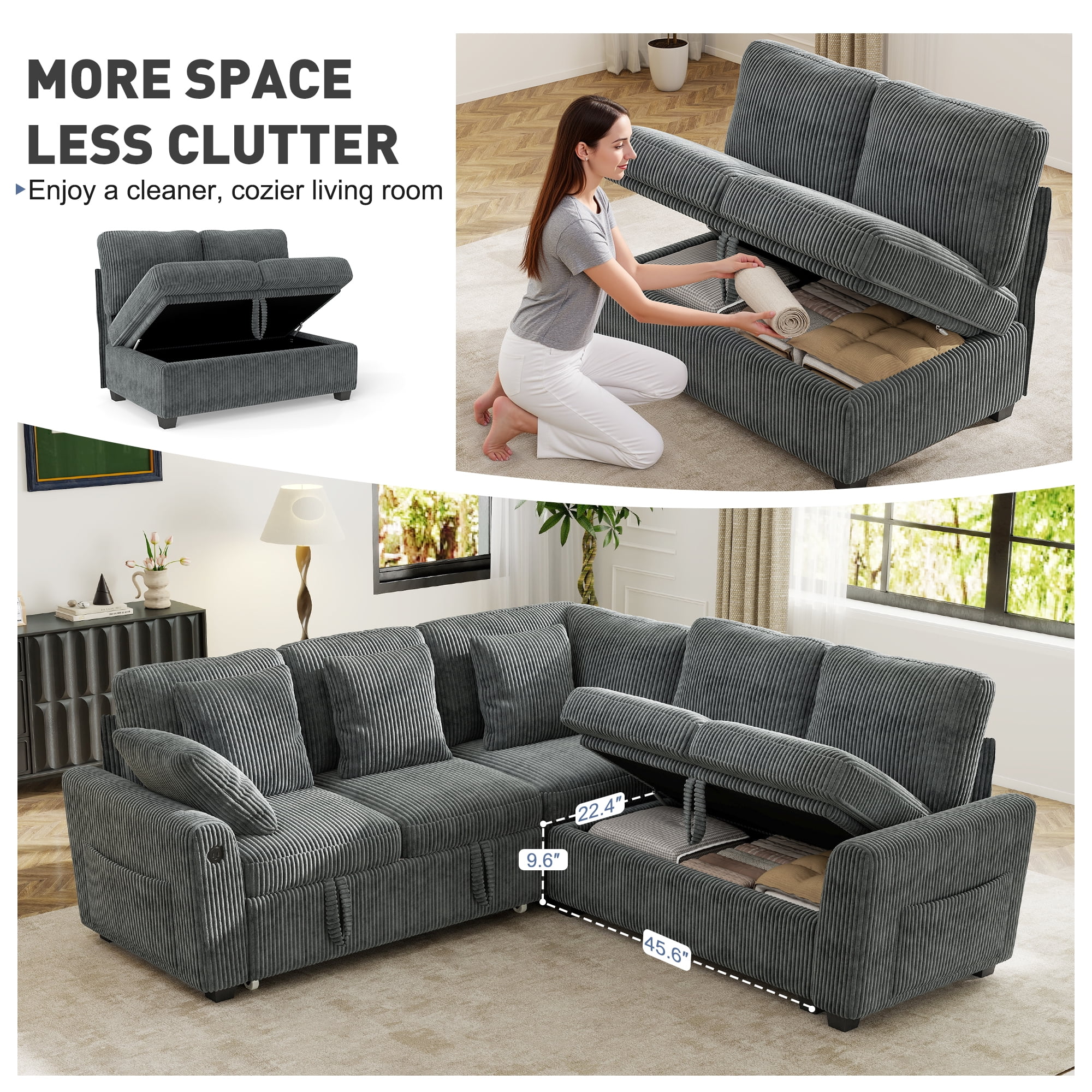 BedLuxury 83" Sectional Sleeper Sofa with Pull Out Bed, L Shaped Couch with Storage Seat for Living Room, Gray - Image 6