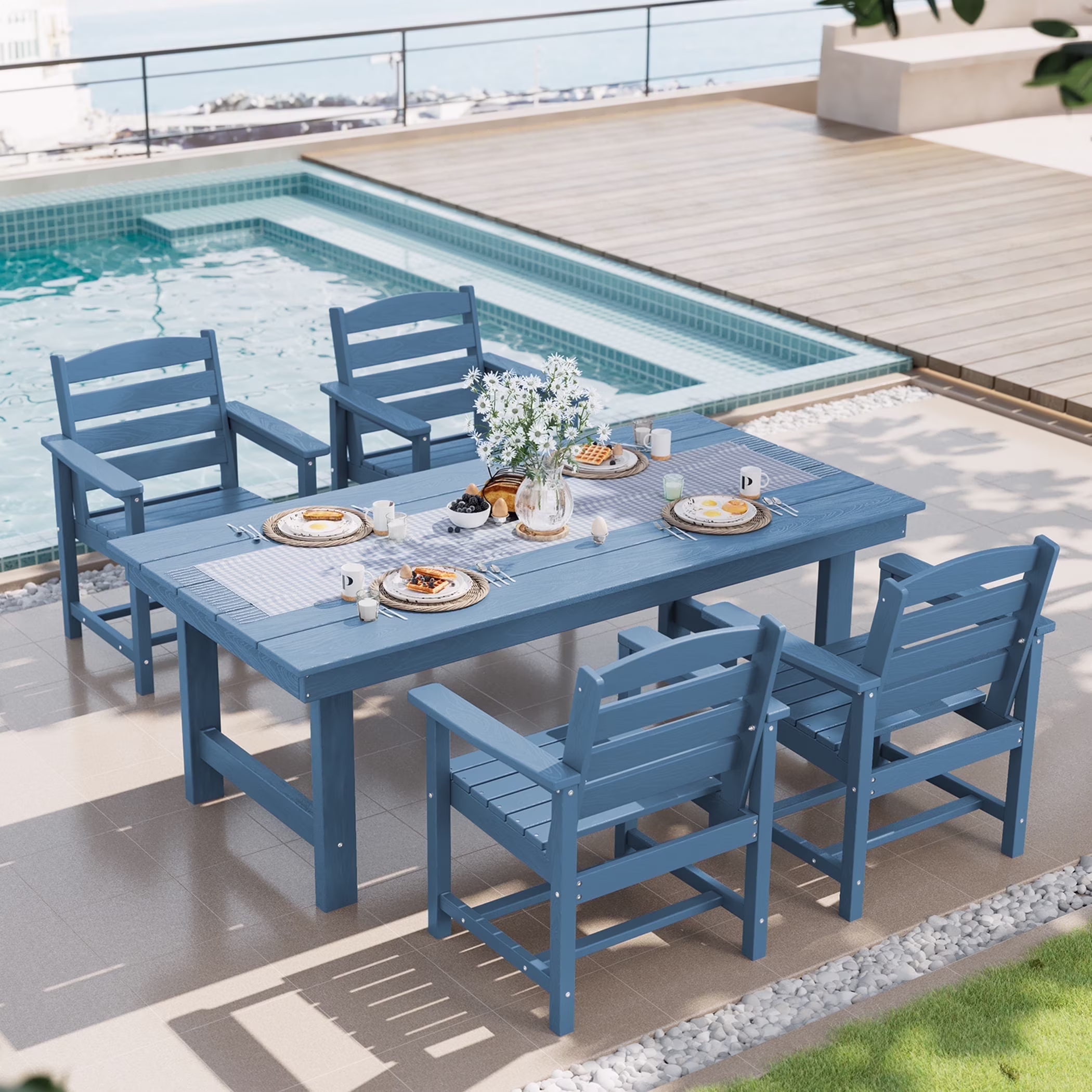 SERWALL Outdoor HDPE Dining Table Set, 7-Piece Outdoor Dining Table Sets with Umbrella Hole, Grey - Image 18