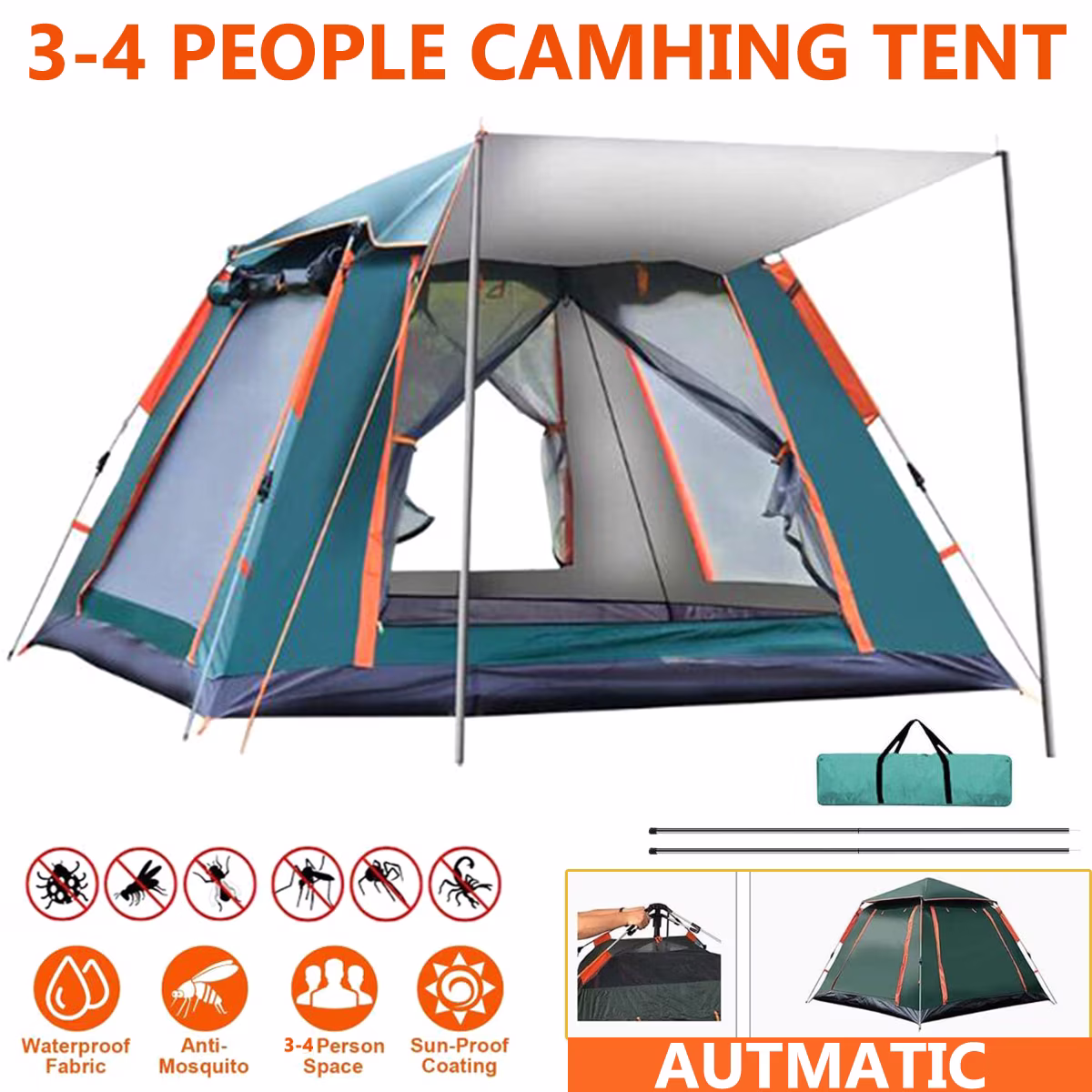 4 Person Family Camping Tent 4 Season Waterproof Anti-UV Windproof Tents Family
