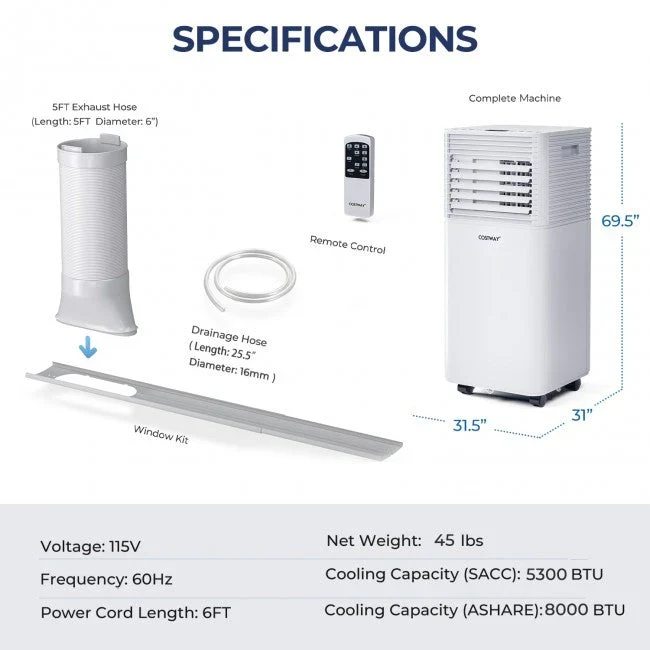 8000 BTU 3-in-1 Air Cooler with Dehumidifier and Fan Mode
