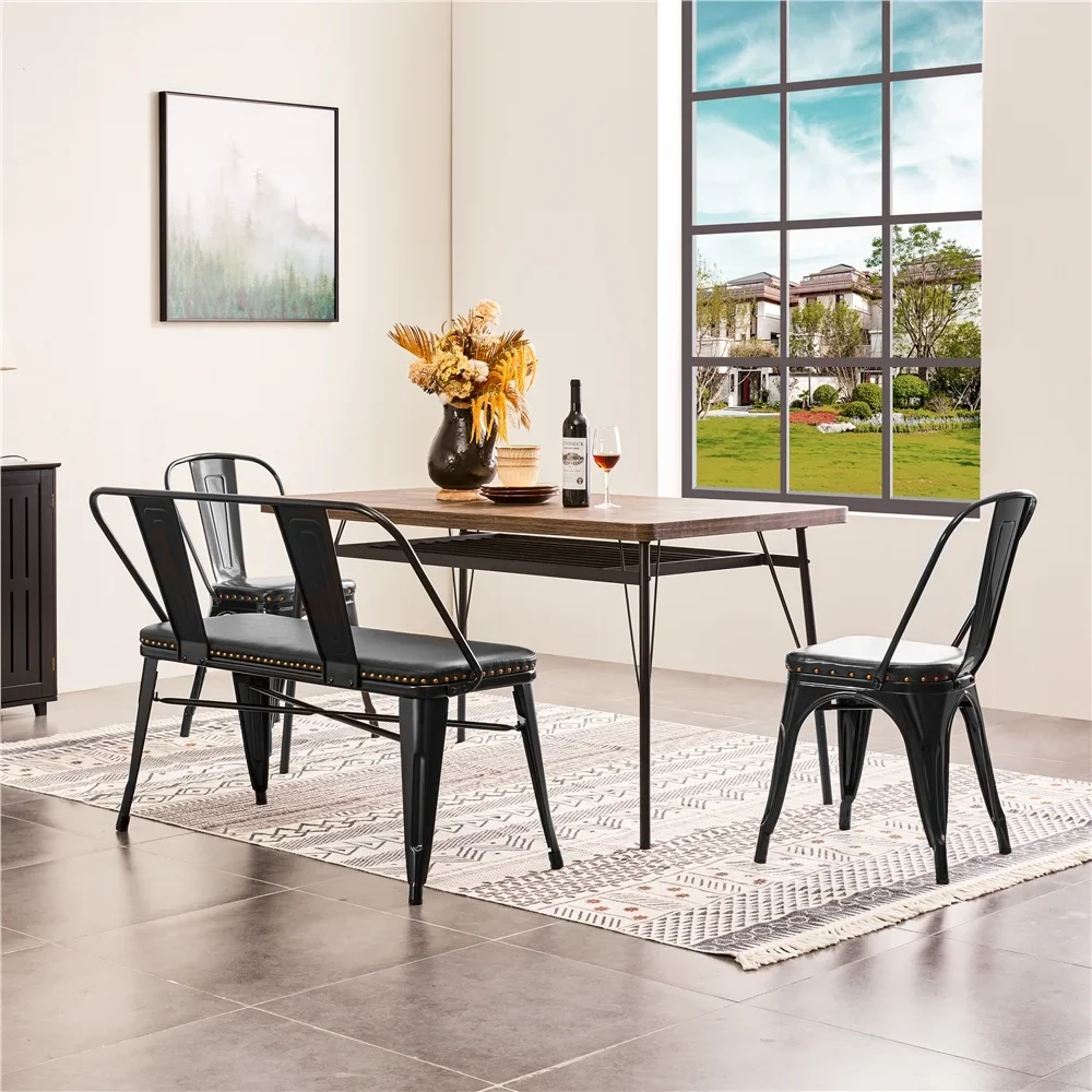 Yaheetech Industrial Metal Dining Bench with Upholstered Seat,Black