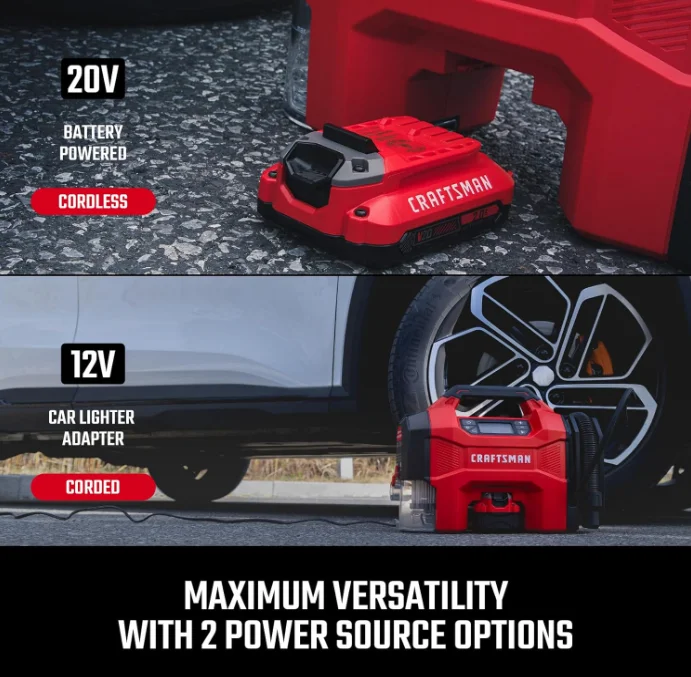 CRAFTSMAN 3-in-1 Tire Inflator, 160PSI Portable Air Compressor/Car Vacuum/Dust Blower, 20V Cordless & 12V Car Power, Air Pump with LED Light for Cars Trucks RV Tires (Battery Sold Separately) - Image 3
