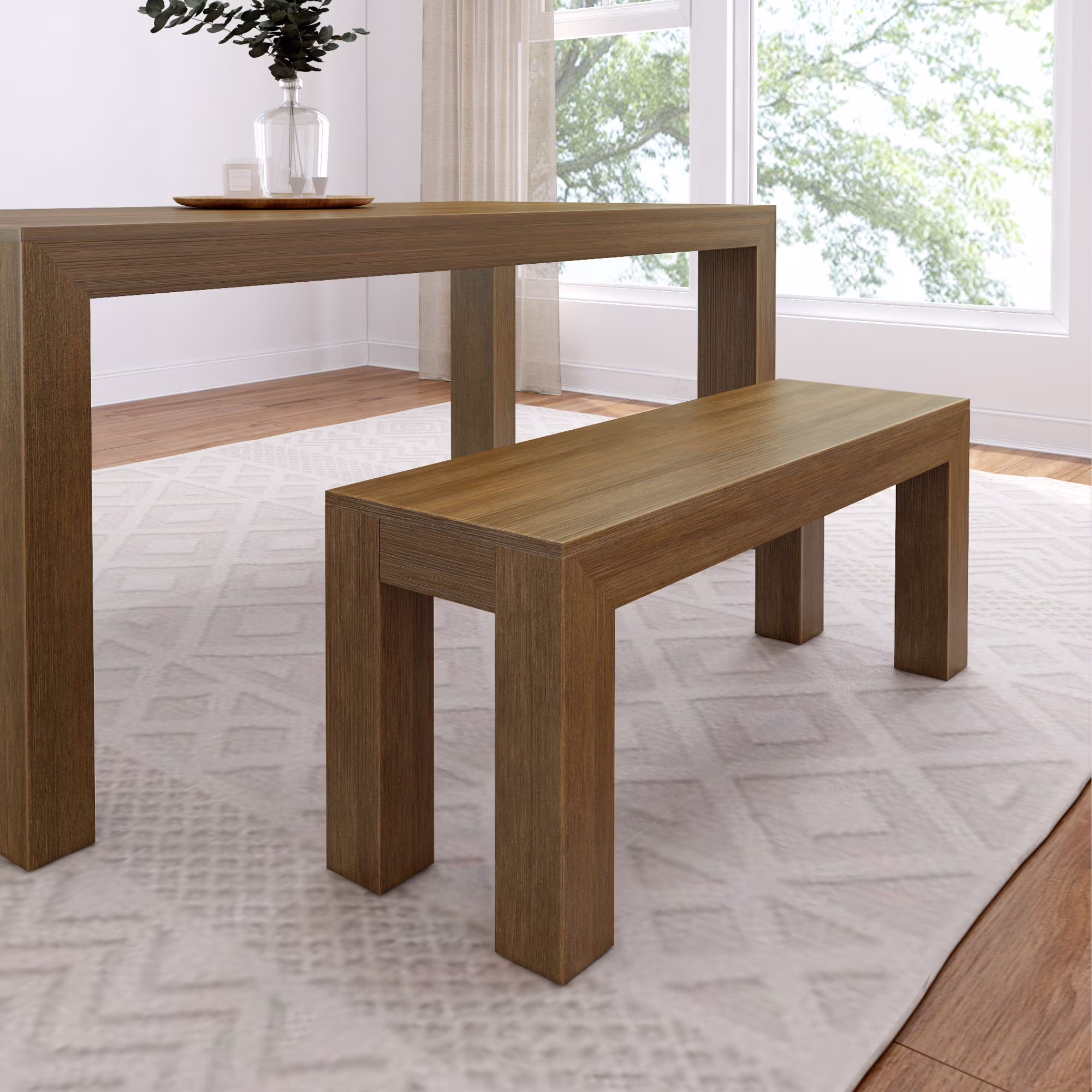 Plank+Beam Modern Dining Bench, Solid Wood Bench for Dining Table, 49", Blonde Wirebrush