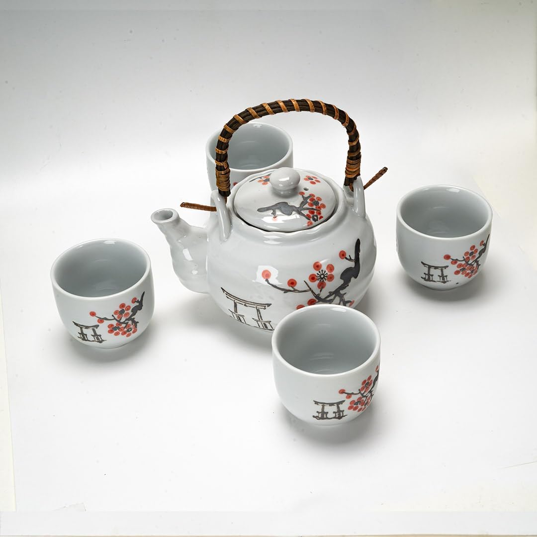 Urban Tokyo Japanese Cherry Blossom Torii Gate Design Tea Set, 22 oz Ceramic Teapot with 4 Cups, White with Bamboo Handle
