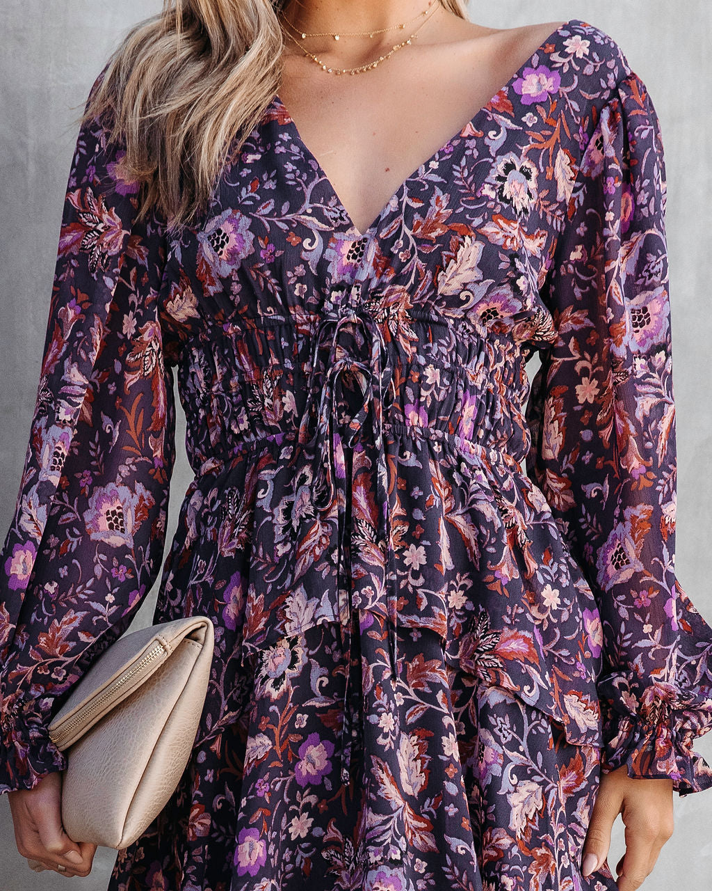 Maleah Floral Tiered Chiffon Midi Dress - Plum - Se7enfashion