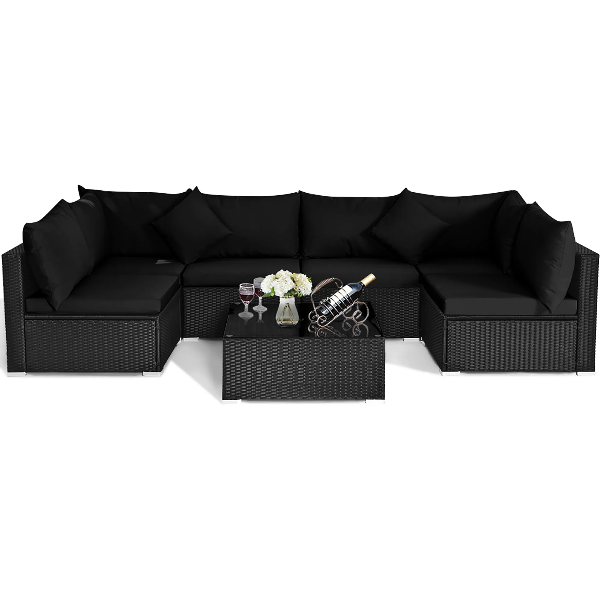 Costway 7PCS Patio Rattan Sofa Set Sectional Conversation Furniture Set Garden Black - Image 6
