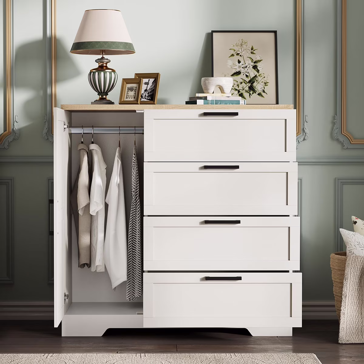 Ataucjin Wood Armoire Wardrobe Closet with 4 Drawers and Door, 43.3" H Bedroom Wardrobe Cabinet with Hanging Rod, Clothing Storage Cabinets, 4 Drawers Dresser with Storage Closet - Image 5
