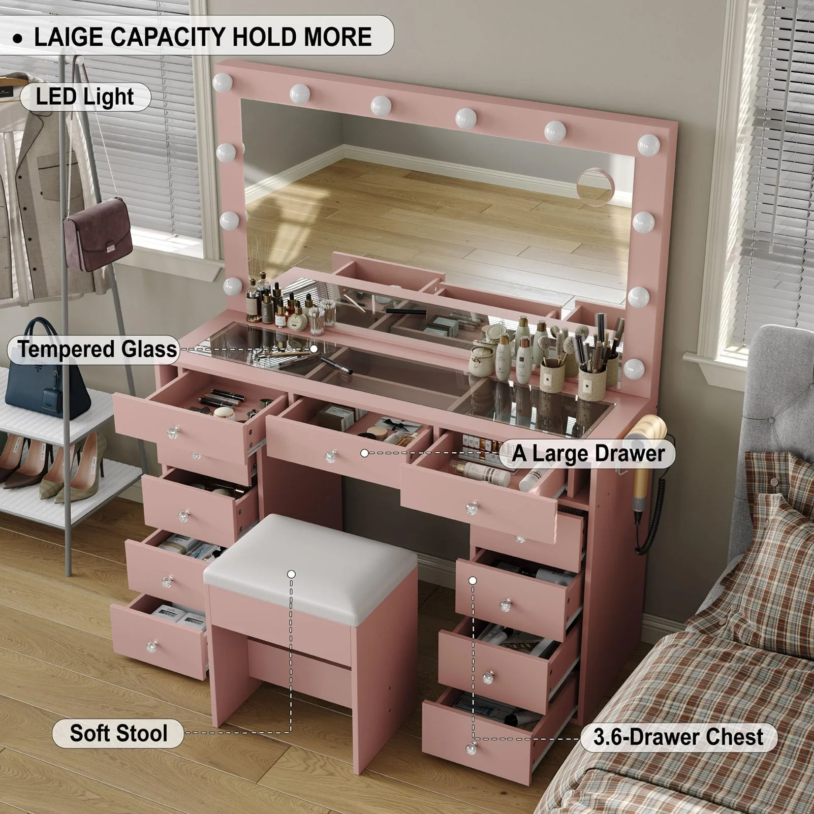 White Vanity Desk with Illuminated Mirror & Power Outlet, 11 Drawers Vanity Table with Chair, Makeup Vanity with 12 LED Lights, Tempered Glass Top, Dressing Table for Bedroom,Dressing Room - Image 11