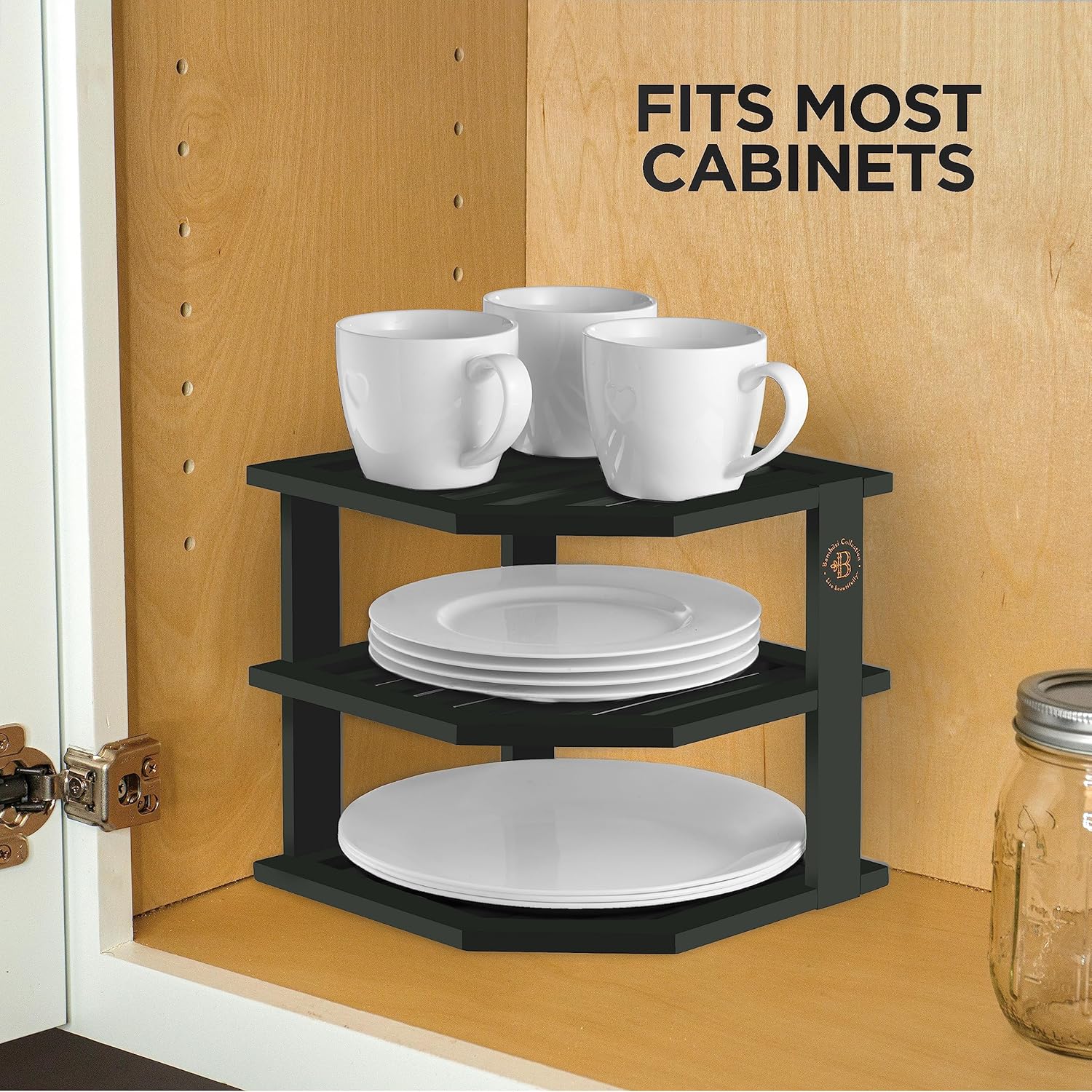 Black Plate Organizer for Cabinet - 3 Tier Bamboo Corner Cabinet Organizer Shelf for Plates Bowls Mugs Cups, Kitchen Cabinet Organizer, Cabinet Shelf Organizer, Countertop Rack, 10 x 10 x 9.5 Inch