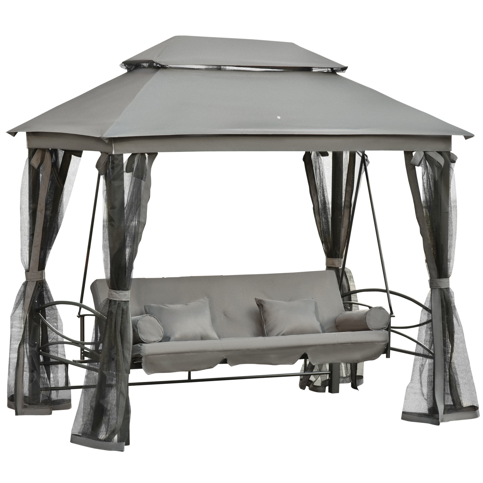 Outsunny 3 Person Patio Swing Chair, Gazebo Swing with Double Tier Canopy, Cushioned Seat, Mesh Sidewalls, gray - Image 2
