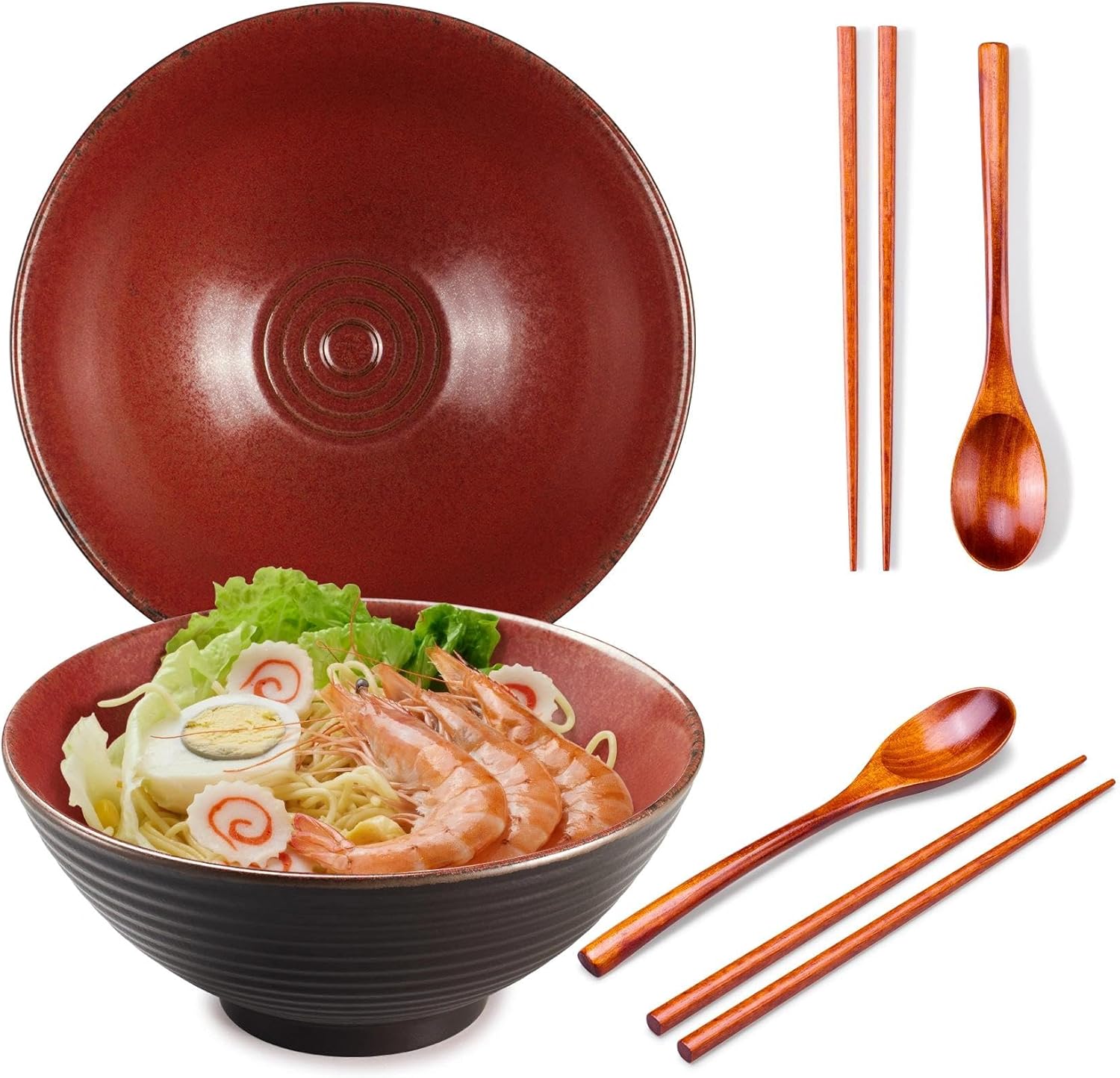 2x Ceramic Ramen Bowls - 40 oz - 20cm - With Spoon and Chopsticks for Ramen Soup Pho Udon Asian Noodles, Large Noodle Bowls (Brown glaze 2 sets)