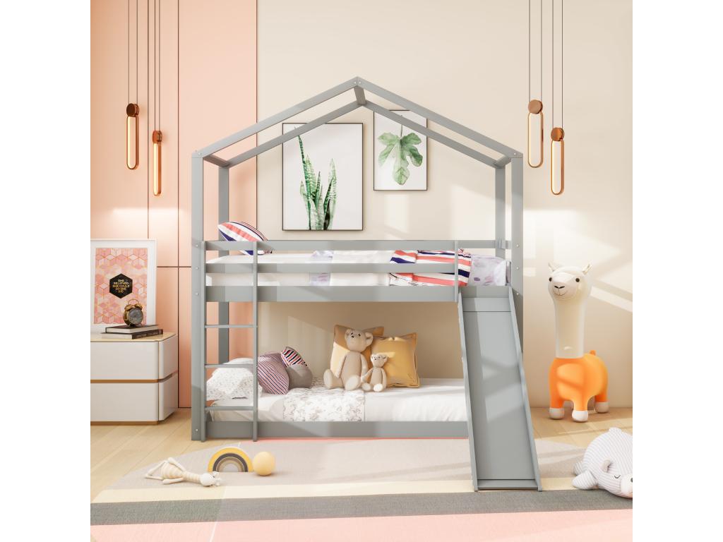 Cama infantil, litera baja con tobogán, estructura de litera de madera maciza con somier de láminas, 90 x 200 cm, gris