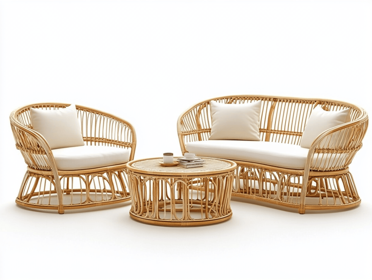 Conjunto de ratán natural con 1 sofá, 1 sillones, mesa
