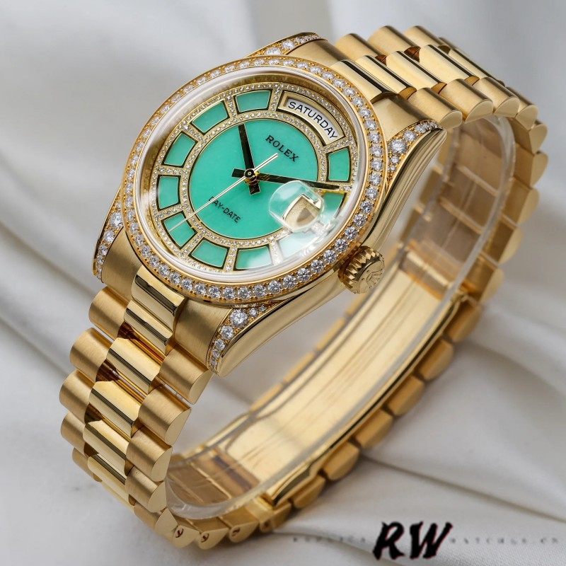 Rolex Day-Date 118388 Yellow Gold Green Diamond Diamond Dial 36MM Unisex Replica Watch