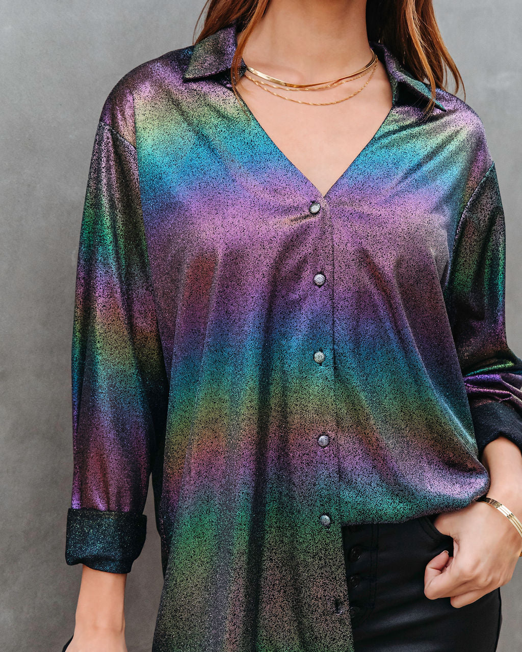 Modern Day Disco Iridescent Button Down Top - Se7enfashion