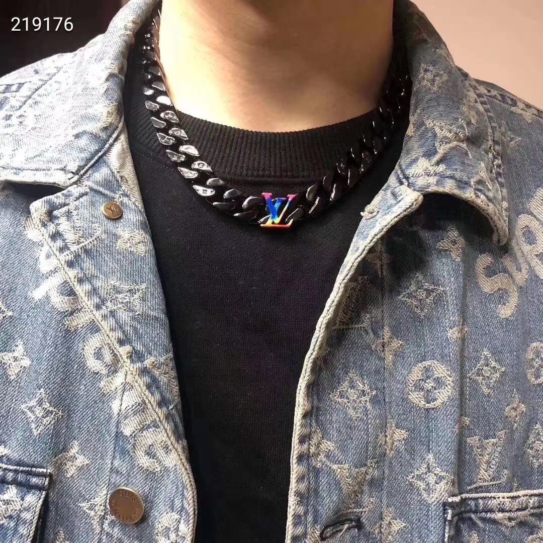 Louis Vuitton Black Cuban Chain Color LV Mens Bracelet Necklace - Original Replica Club