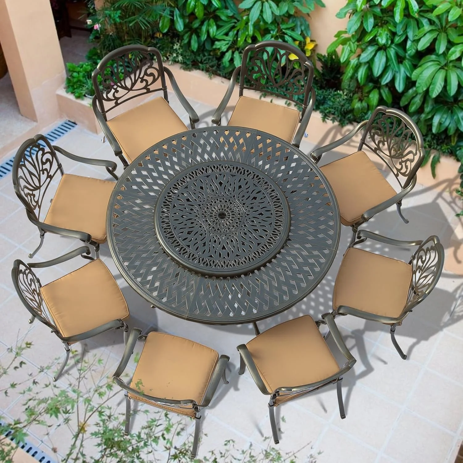 VIVIJASON Outdoor 61" Patio Dining Table for 6-8 Person, Large Patio Round Dining Table with 24" Lazy Susan, Dark Bronze Cast Aluminum Rustic Patio Table W/Umbrella Hole for Balcony, Porch and Deck - Image 10