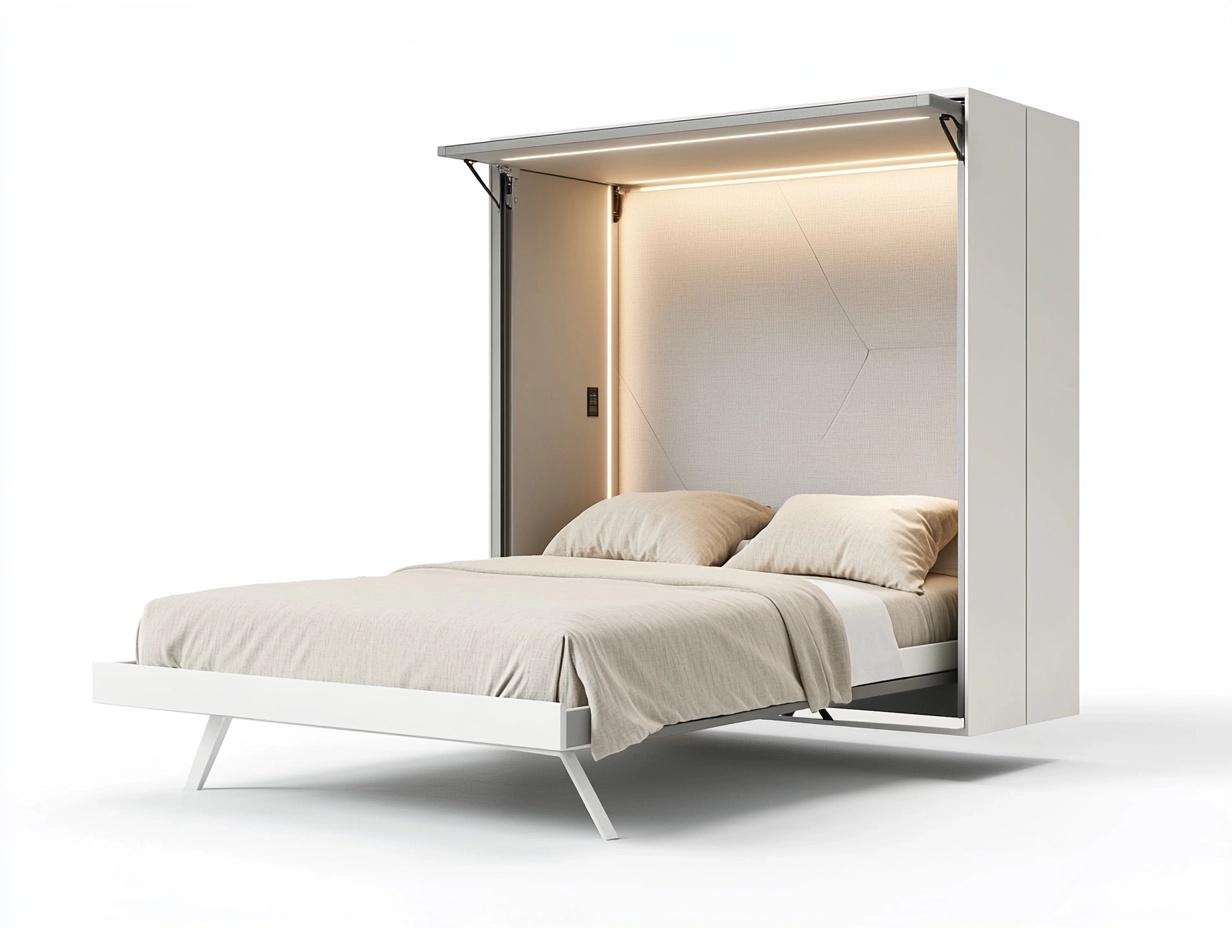 Cama abatible blanca moderna para dormitorio de matrimonio 200x160 cm estructura de madera con luz LED y diseño minimalista HX0713824