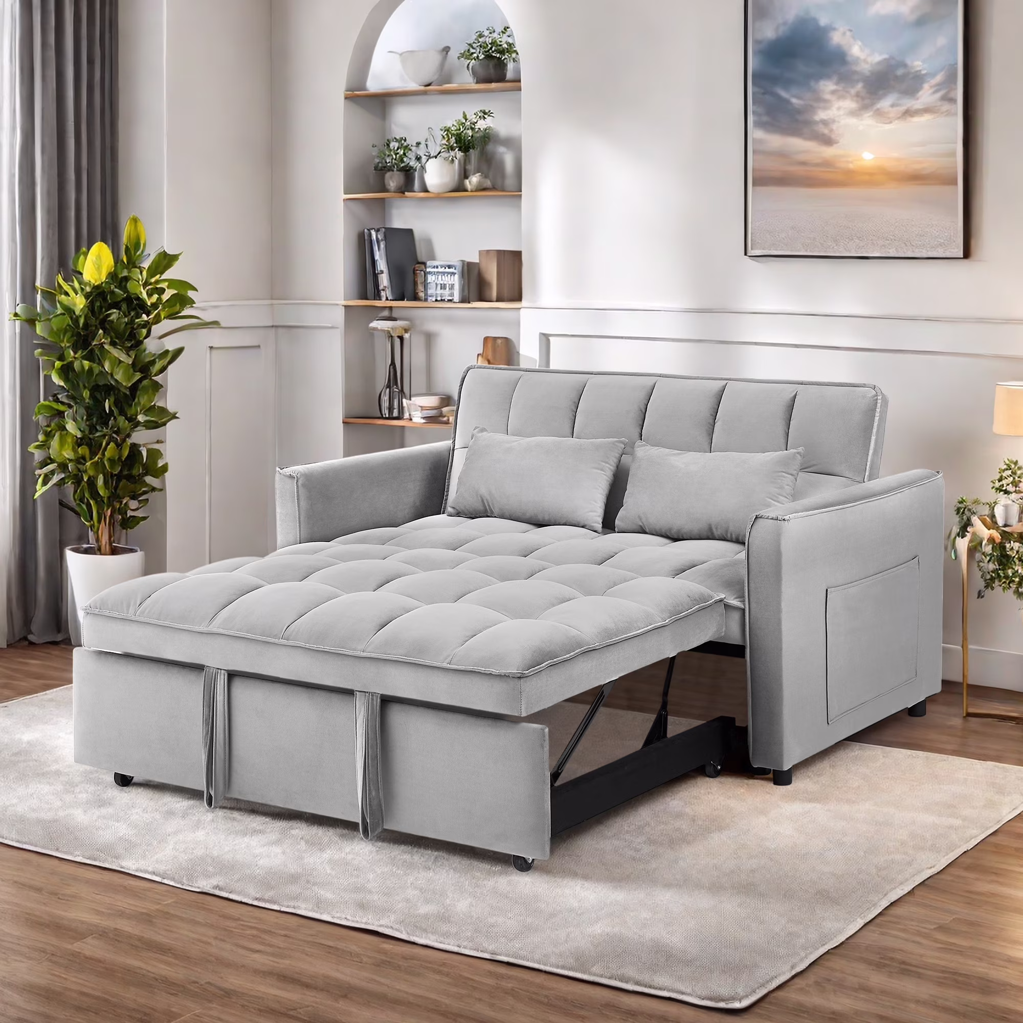 Convertible Sofa Bed,3-in-1 Sleeper Sofa with Pull Out Bed,Sleeper Futon Couch Loveseat with Adjsutable Backrest and Pillows for Living Room,Gray - Image 8