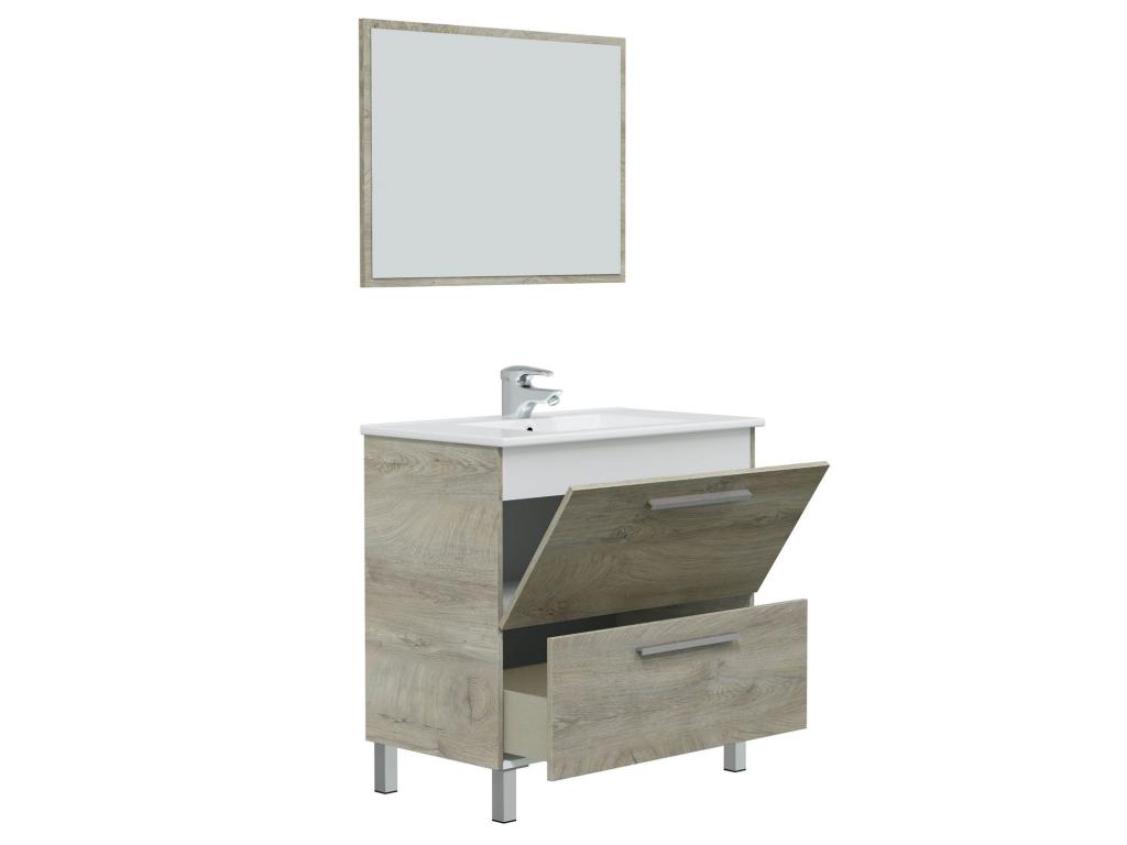 Mueble de baño con 1 cajón, 1 puerta, espejo y lavabo cerámico en color - Joliven
