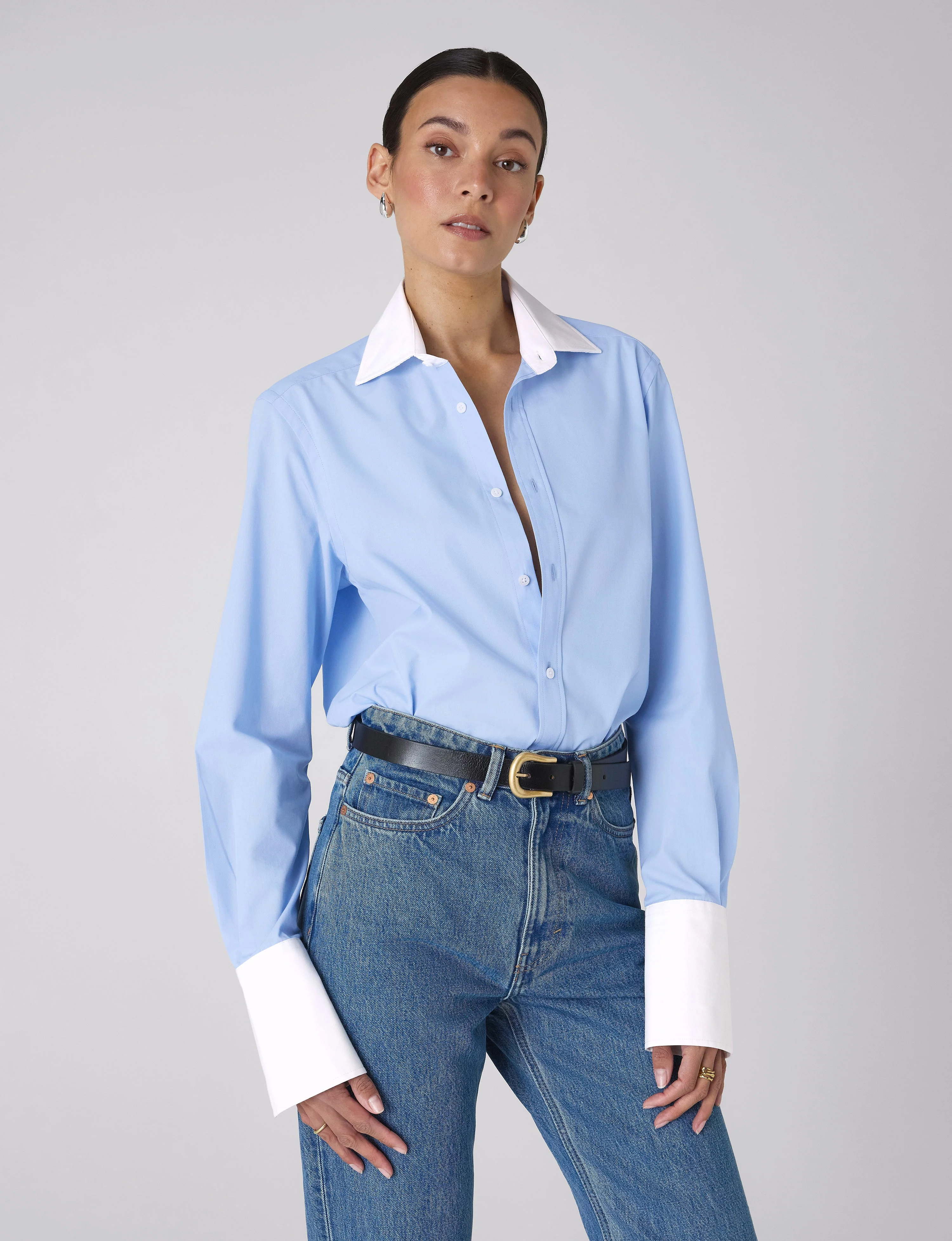 The Boyfriend Contrast Exaggerated Cuff and Collar: Fine Poplin, Sky Blue