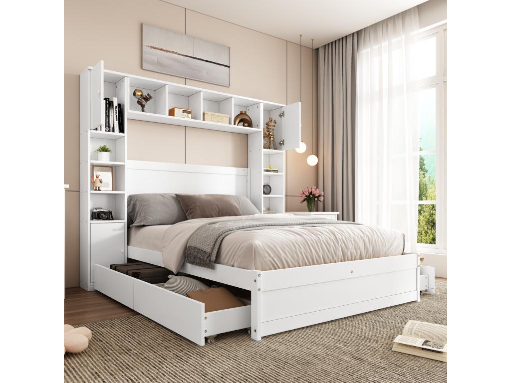 Cama doble 140x200 cm, estructura de cama con somier, 4 cajones, cabecero y espacio de almacenamiento, MDF + panel multicapa, blanco