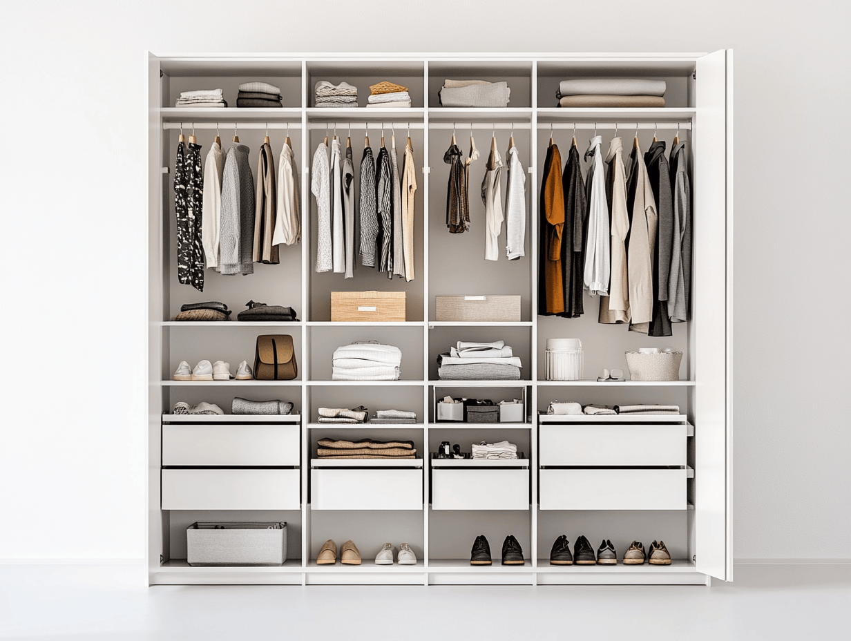Armario blanco rectangular con estantes cajones y barras madera 240x60x220cm dormitorio almacenamiento ropa