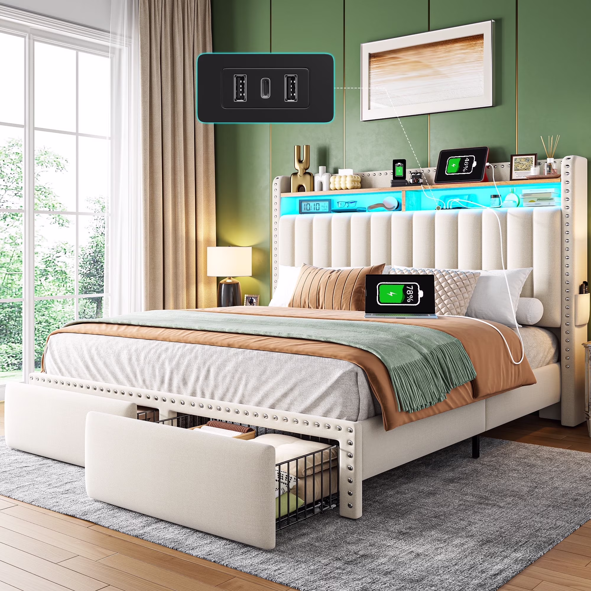 EnHomee Upholstered King Size Bed Frame with Headboard and Storage King Bed Frame with 2 Drawers,Grey