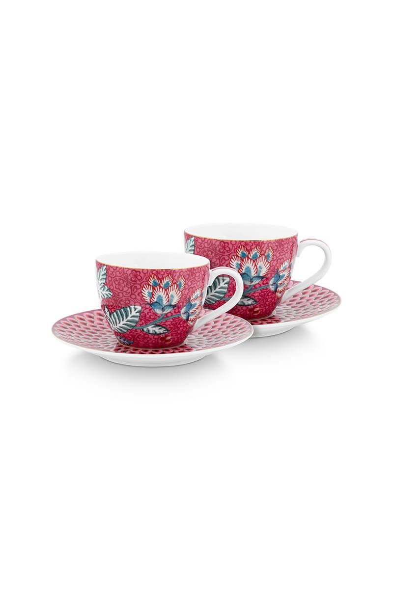 Set/2 Espresso Cups & Saucers Flower Festival Dark Pink