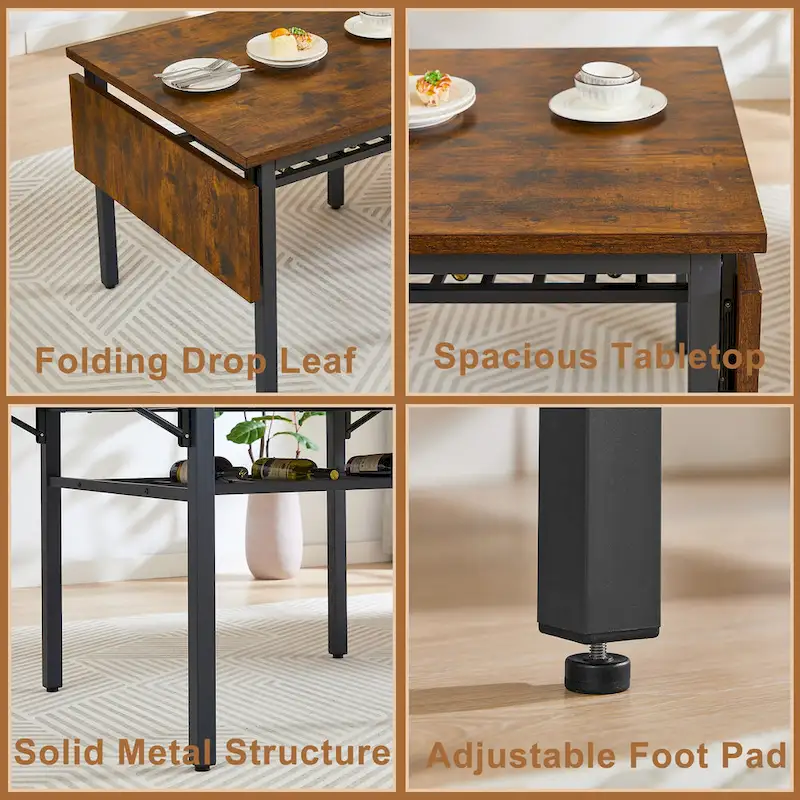 Contemporary Industrial 63.2" Extendable Dining Table with Drop Leaf, Accommodates 6