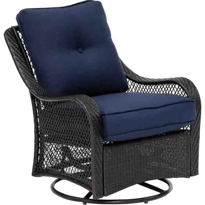 2025 5-Piece Steel Patio Fire Pit Conversation Set with Navy Blue Cushions, Swivel Gliders and Square Fire Pit Table