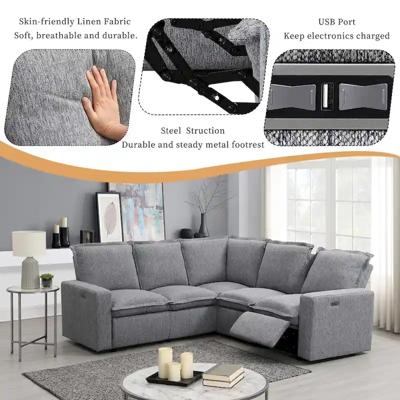 Linen Upholstered Power Recliner L-Shaped Sectional Sofa with USB Port - Soft Home Theater Seating for Living Room