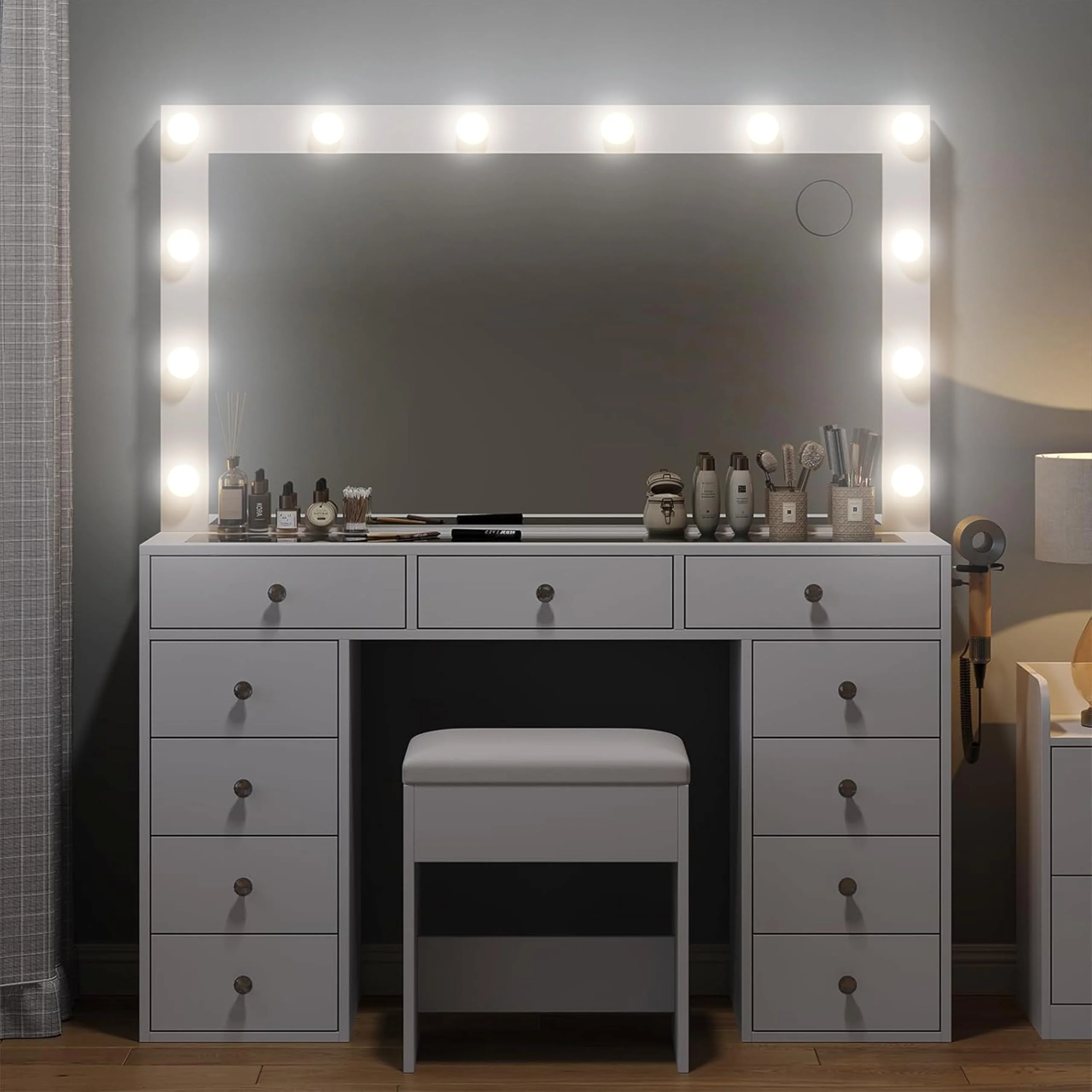 White Vanity Desk with Illuminated Mirror & Power Outlet, 11 Drawers Vanity Table with Chair, Makeup Vanity with 12 LED Lights, Tempered Glass Top, Dressing Table for Bedroom,Dressing Room - Image 6