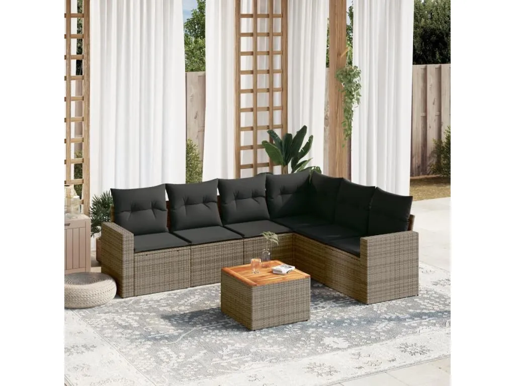 Set de sofás de jardín 7 piezas con cojines ratán PE gris 07935QAAF