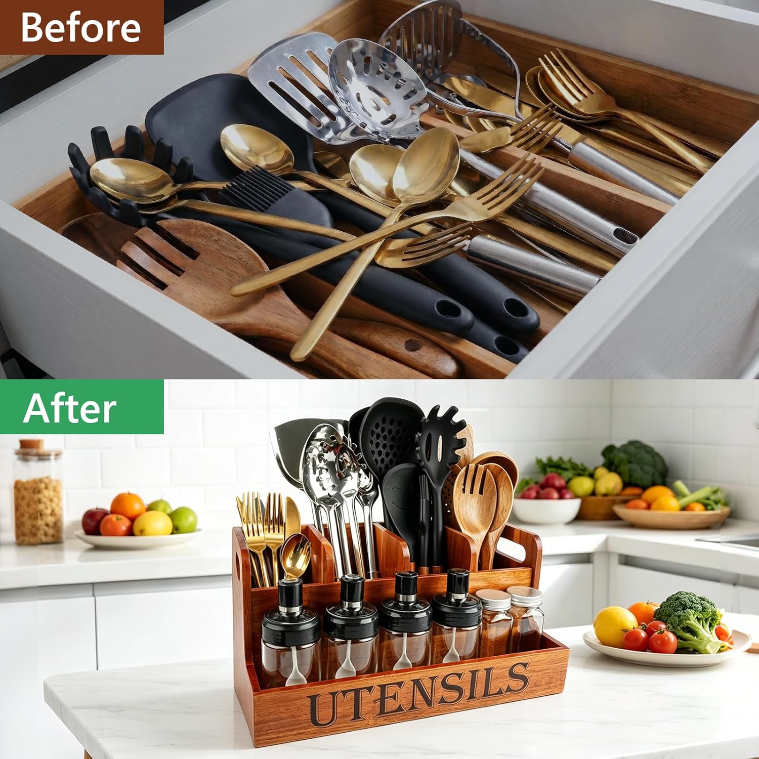 TREWAVE Wooden Utensil Holder for Kitchen Countertop, Large Acacia Wood Kitchen Utensil Organizer with 4 Compartments, Farmhouse Silverware Caddy for Spatula, Ladle & Cooking Tools