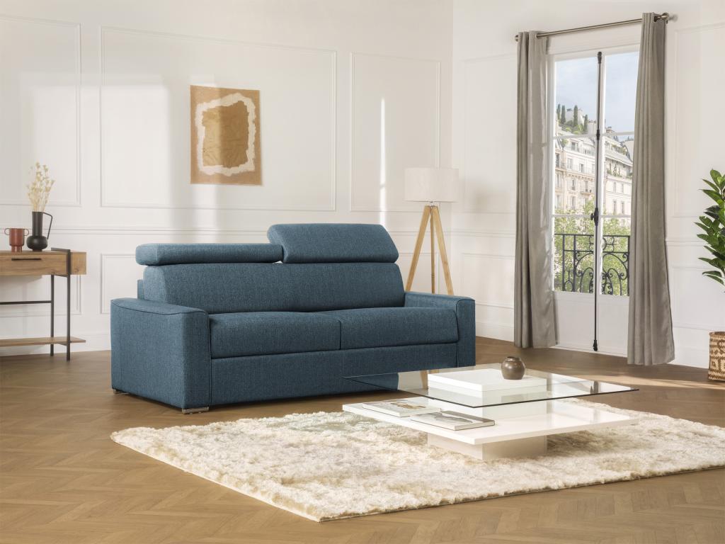 Sofá cama de 4 plazas de tela de apertura rápida Habitarluz - Azul - Somier de láminas de 160 cm - Colchón de 16 cm con memoria de forma QNOJ60002