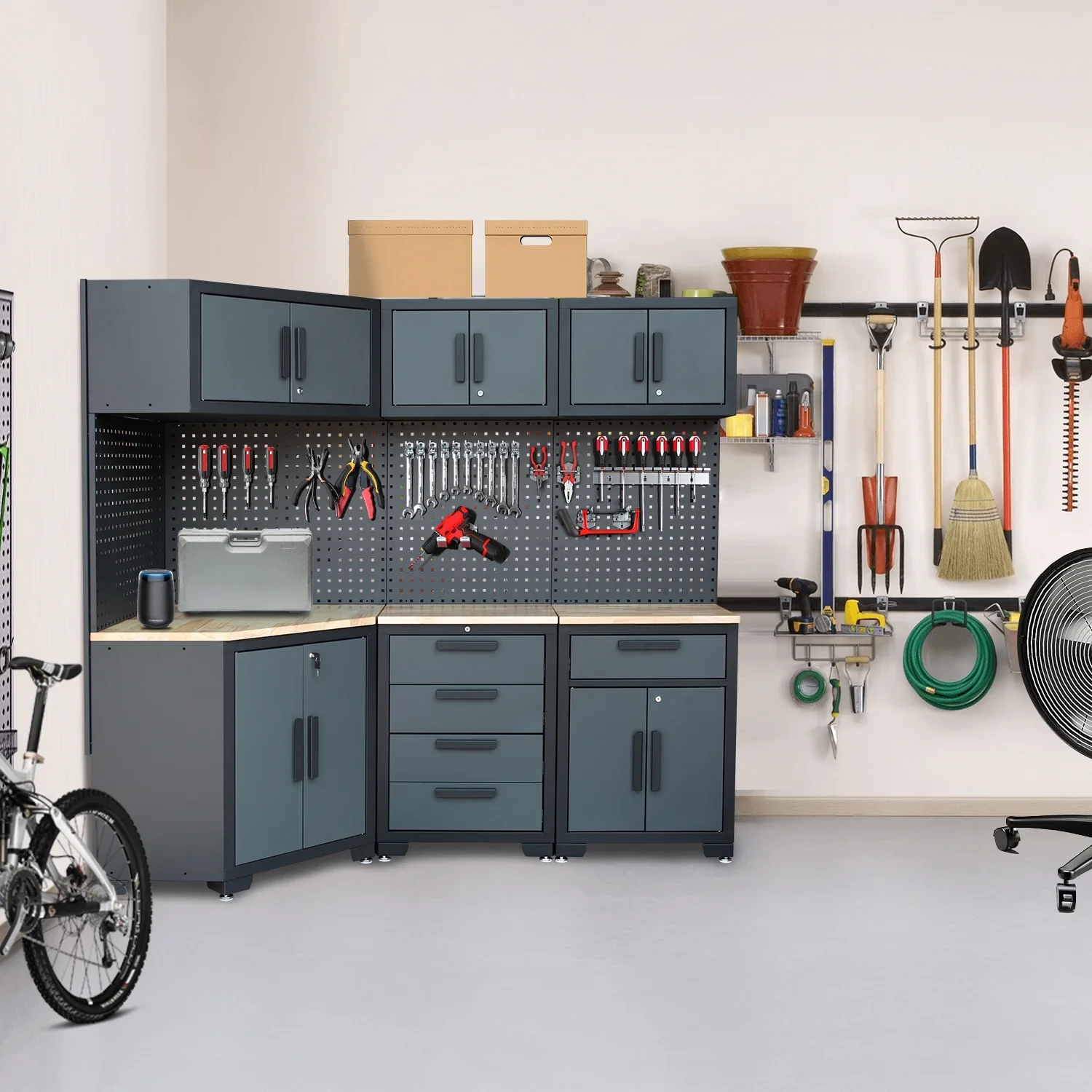 HPDMC 7-Piece Metal Garage Cabinet System With 4-Drawer Roller Cabinet, 47.2 in Workbench And Pegboards - Image 17 HPDMC 7-Piece Metal Garage Cabinet System With 4-Drawer Roller Cabinet, 47.2 in Workbench And Pegboards - Image 17
