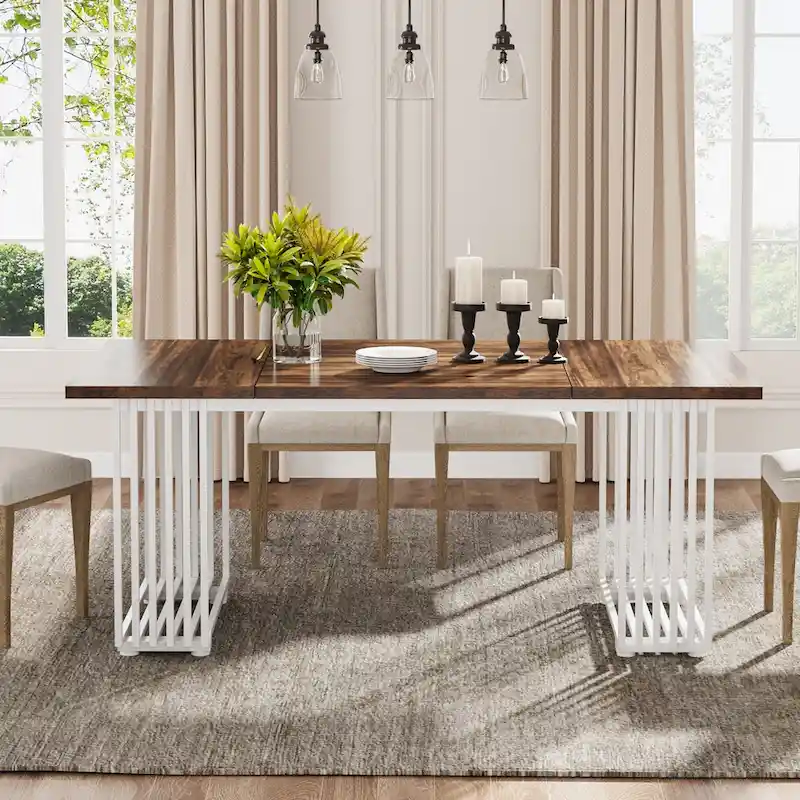 Modern Dining Table with Rectangular Top and Metal Base for 6 to 8 Seating