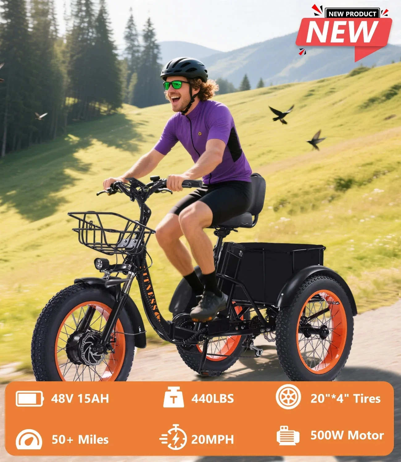 YEBEI Folding Electric Tricycle for Adults, 500W Motor, 48V15AH Lithium Battery, 20 x 4.0 in Fat Tires - Image 11 YEBEI Folding Electric Tricycle for Adults, 500W Motor, 48V15AH Lithium Battery, 20 x 4.0 in Fat Tires - Image 11